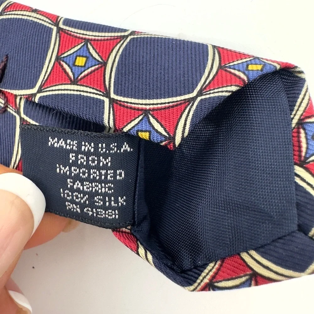 Polo Ralph Lauren Vintage Silk Tie Blue Red Yellow Cream Geometric Made In USA